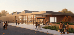 An outside view of the planned grocery store near 25th and Lake Streets, from visitor parking area looking northwest. (Courtesy of Alley Poyner Macchietto Architecture)