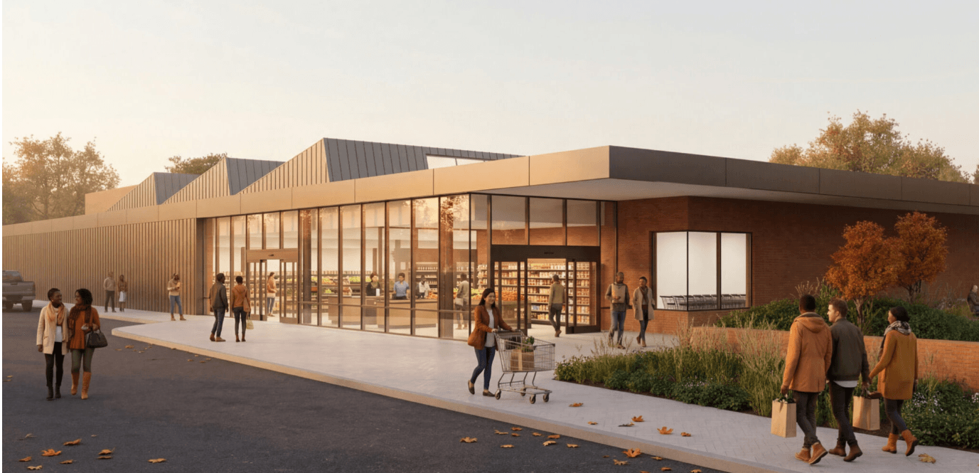 An outside view of the planned grocery store near 25th and Lake Streets, from visitor parking area looking northwest. (Courtesy of Alley Poyner Macchietto Architecture)